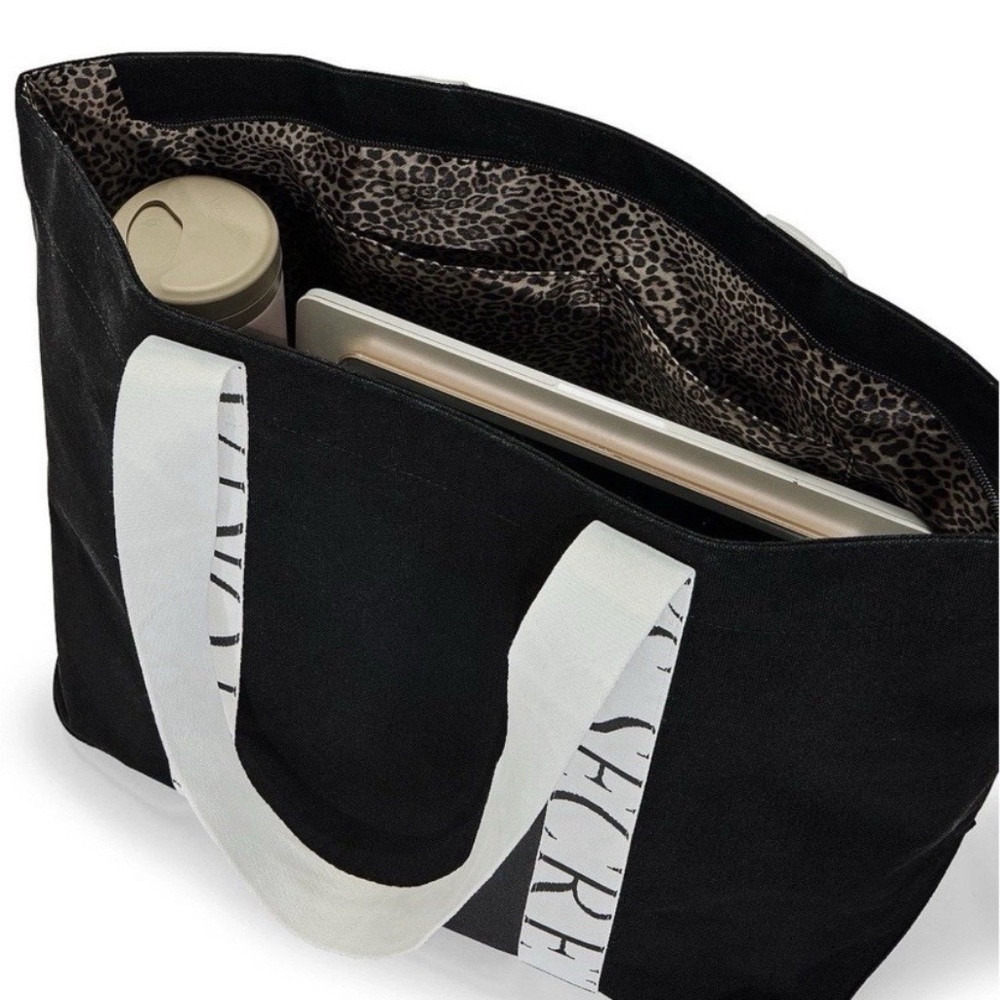 New Victoria’s Secret BLACK Canvas Tote Zipper Top Animal Print Inside Bag 2026 - Picture 2 of 5